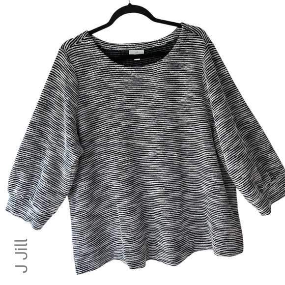 J JILL | NWOT NAVY BLUE & WHITE STRIPE COTTON TERRY TEXTURED TOP PUFF SLEEVES XL - Picture 1 of 9